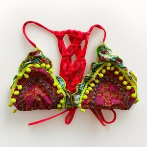 Neon Multicolor Triangle Bikini Top Caged Back Tassel Fringe Festival Rave S / M